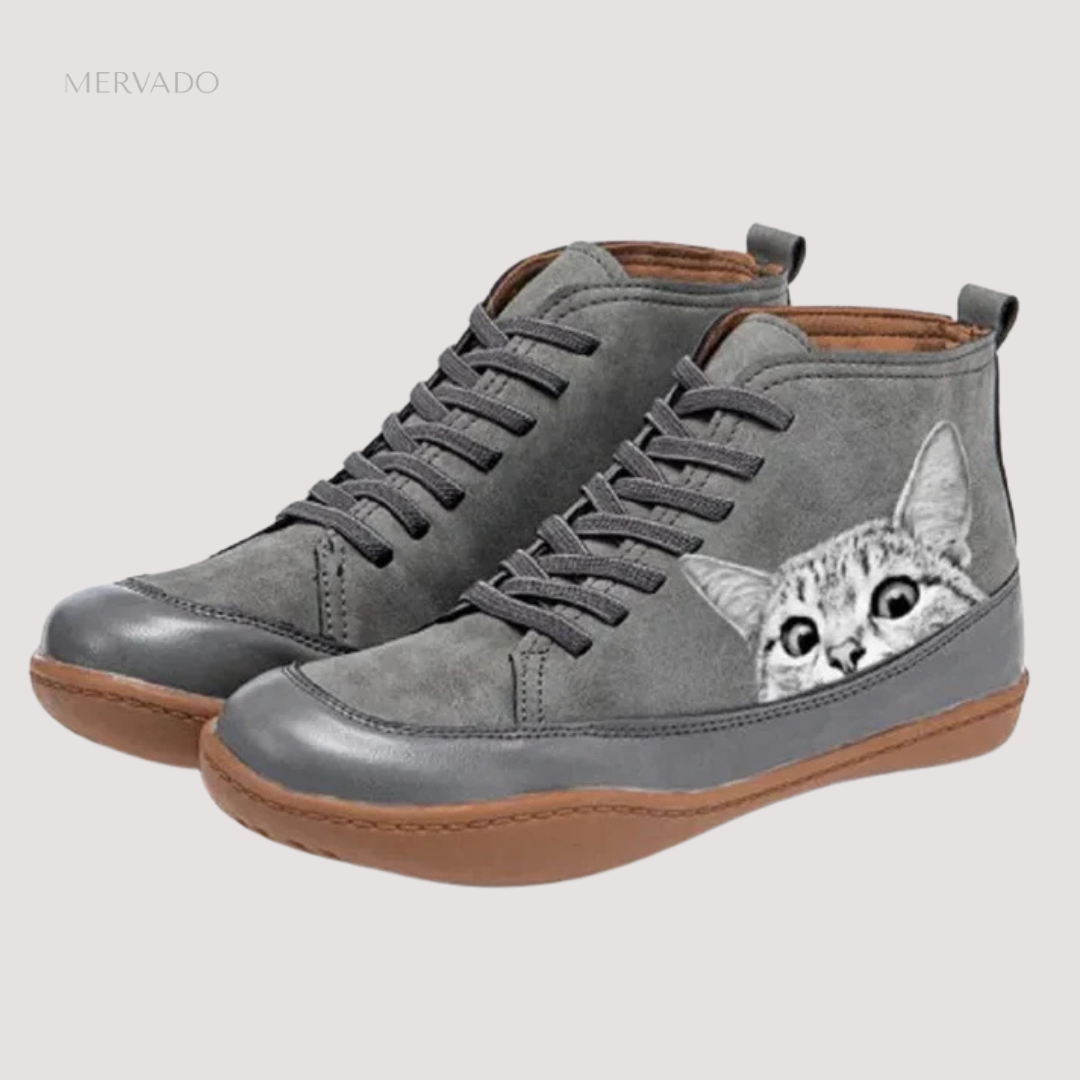 Bottes en cuir à imprimé chat – Confortables et douillettes pour les amoureux des animaux stylés
