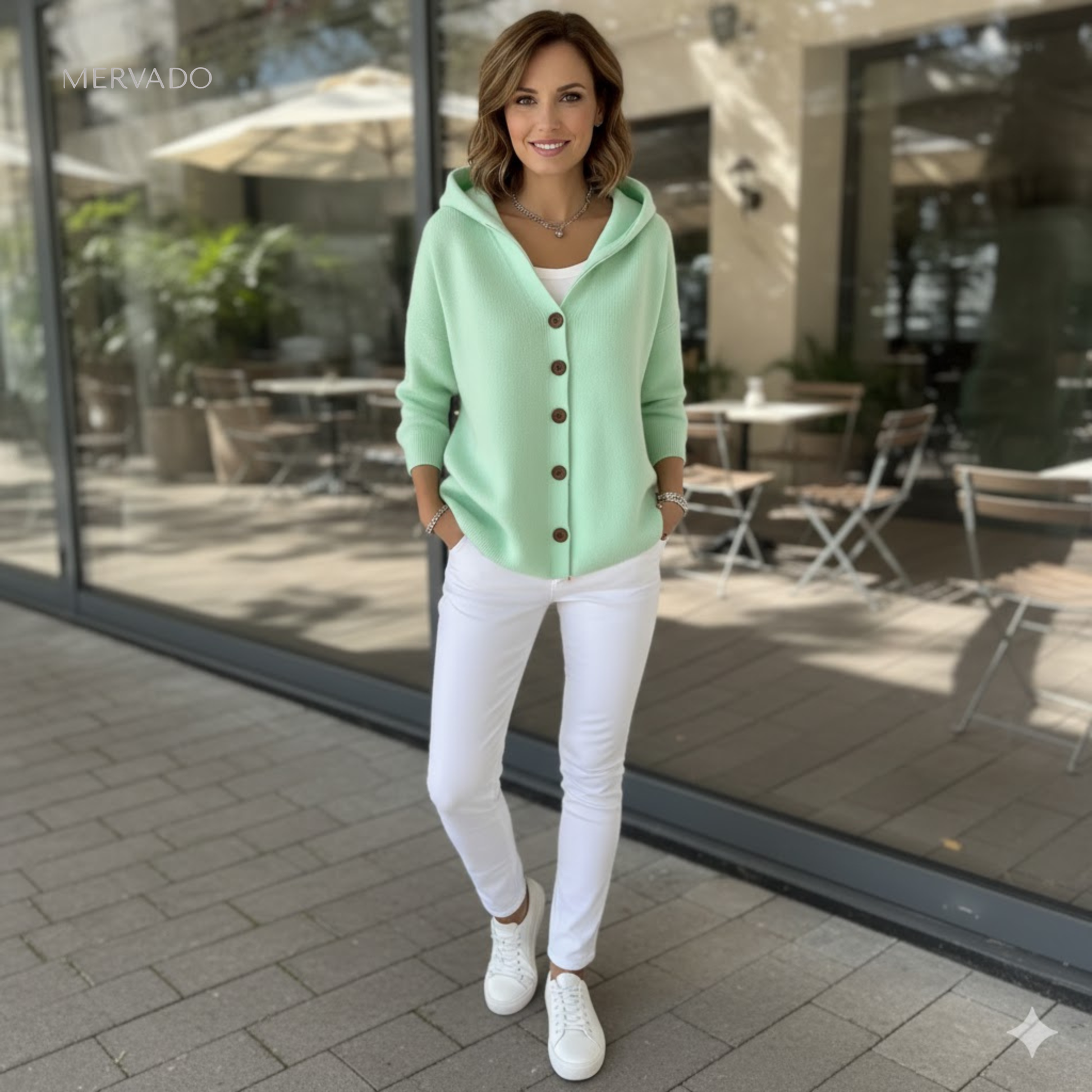 Gebreid damesvest met capuchon – zachte, comfortabele herfstlaag met lange mouwen