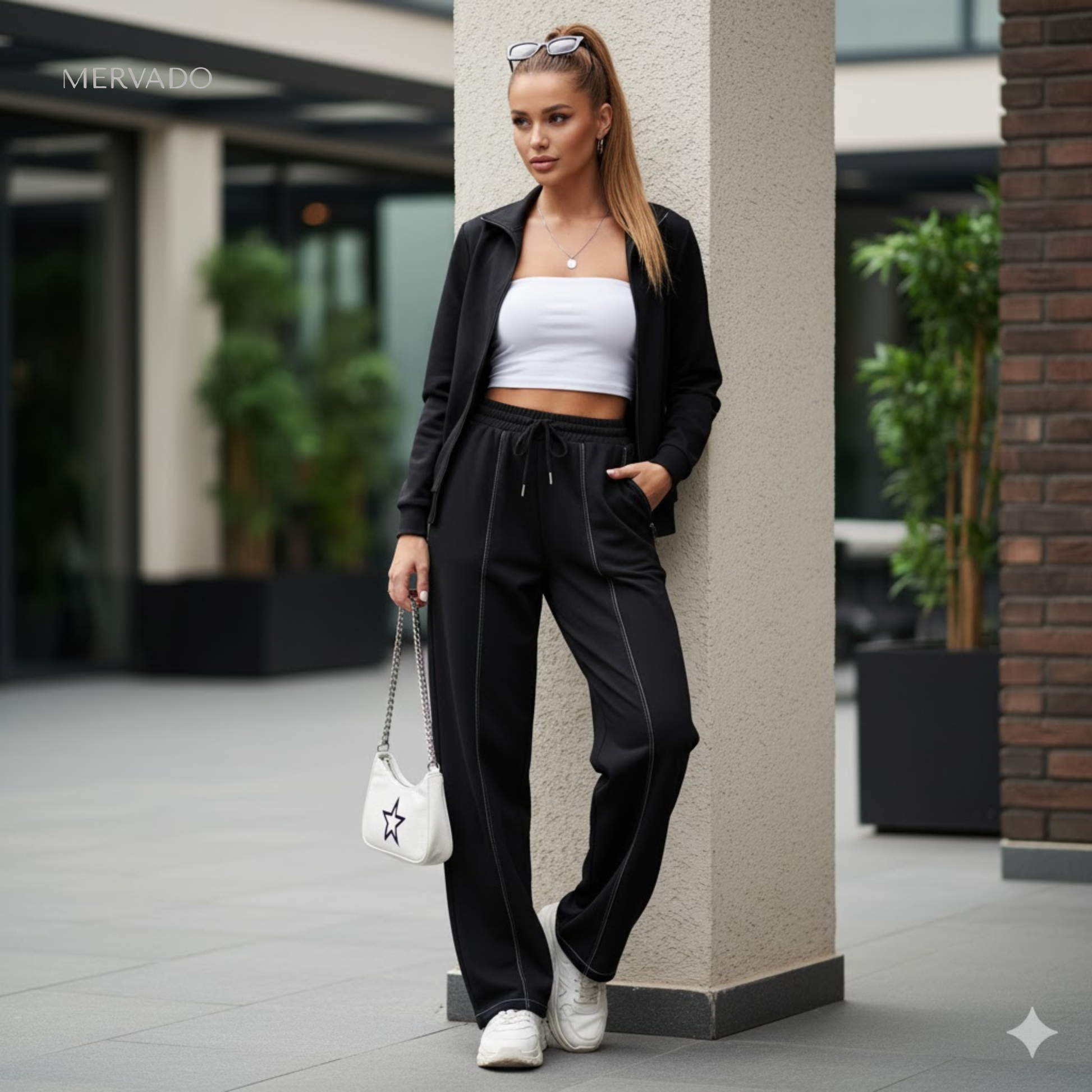 Dames 2-delig trainingspak – effen sweatshirt met rits en joggingbroek met hoge taille