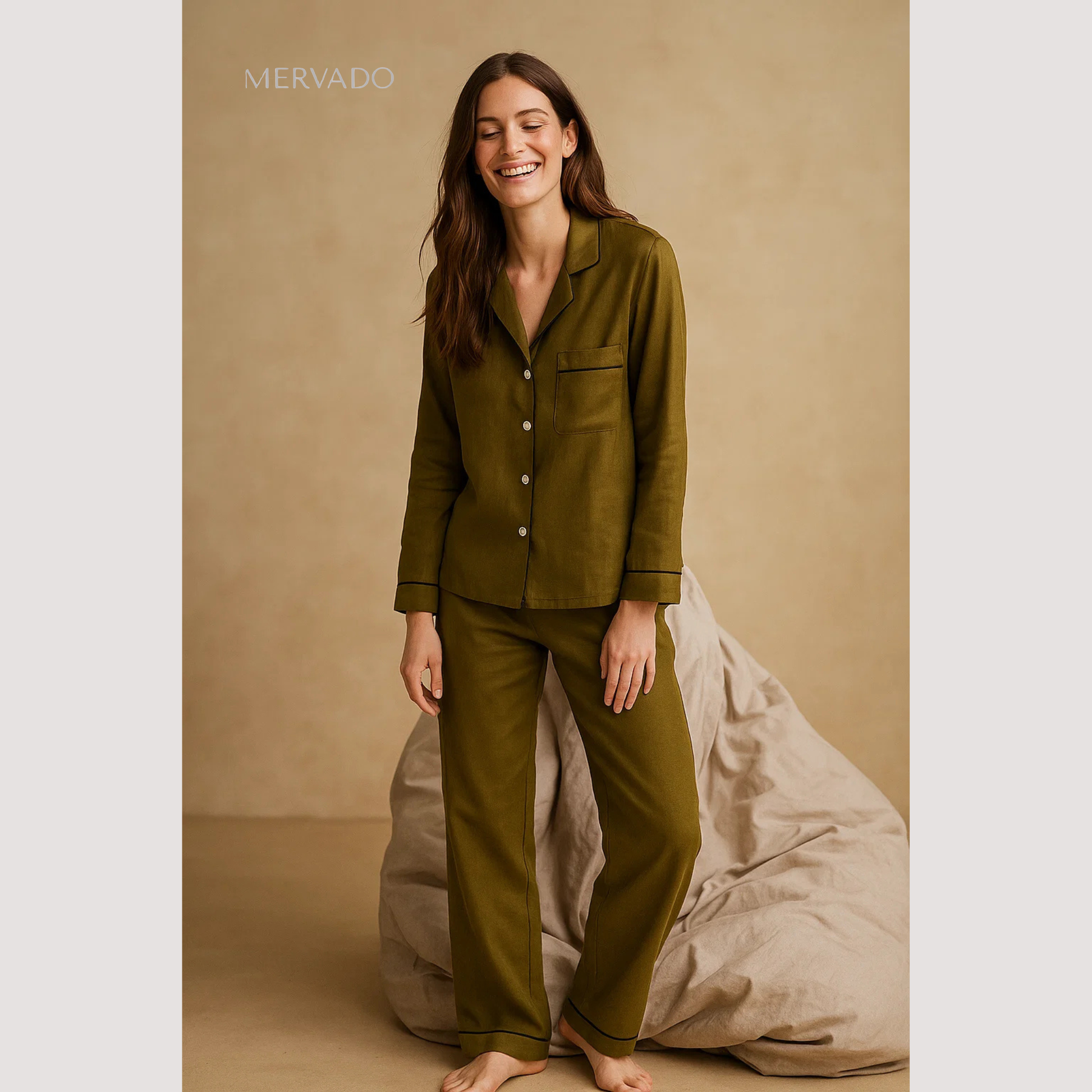 Linnen pyjamaset voor dames – losse loungewear met lange mouwen