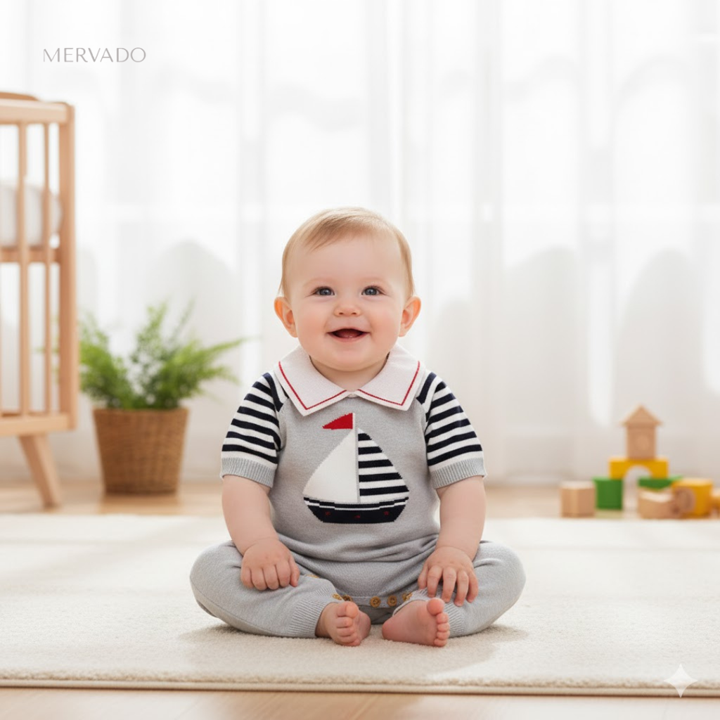 Baby romper met zeemansthema – gebreide mouw-eendelig