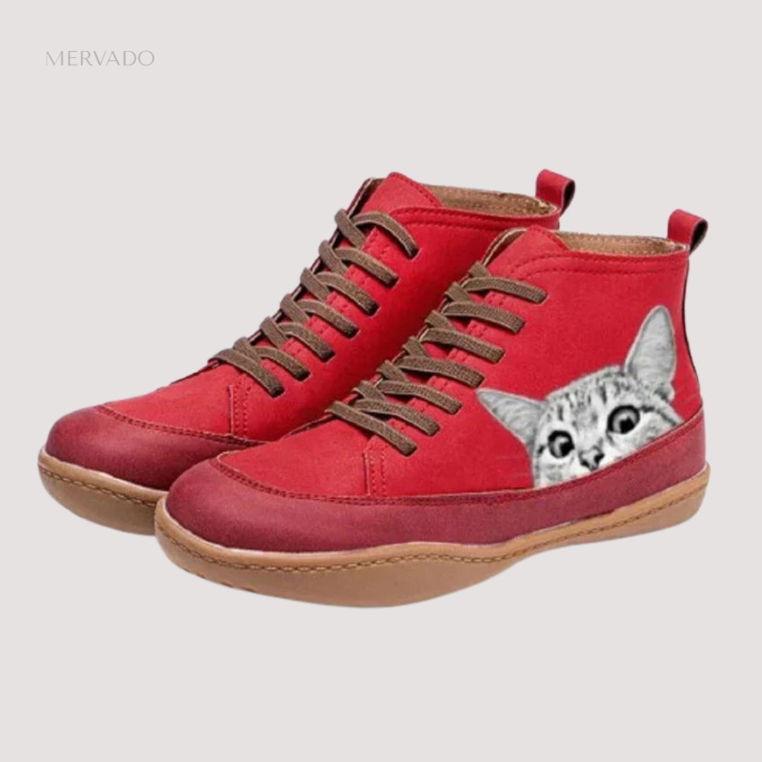 Bottes en cuir à imprimé chat – Confortables et douillettes pour les amoureux des animaux stylés