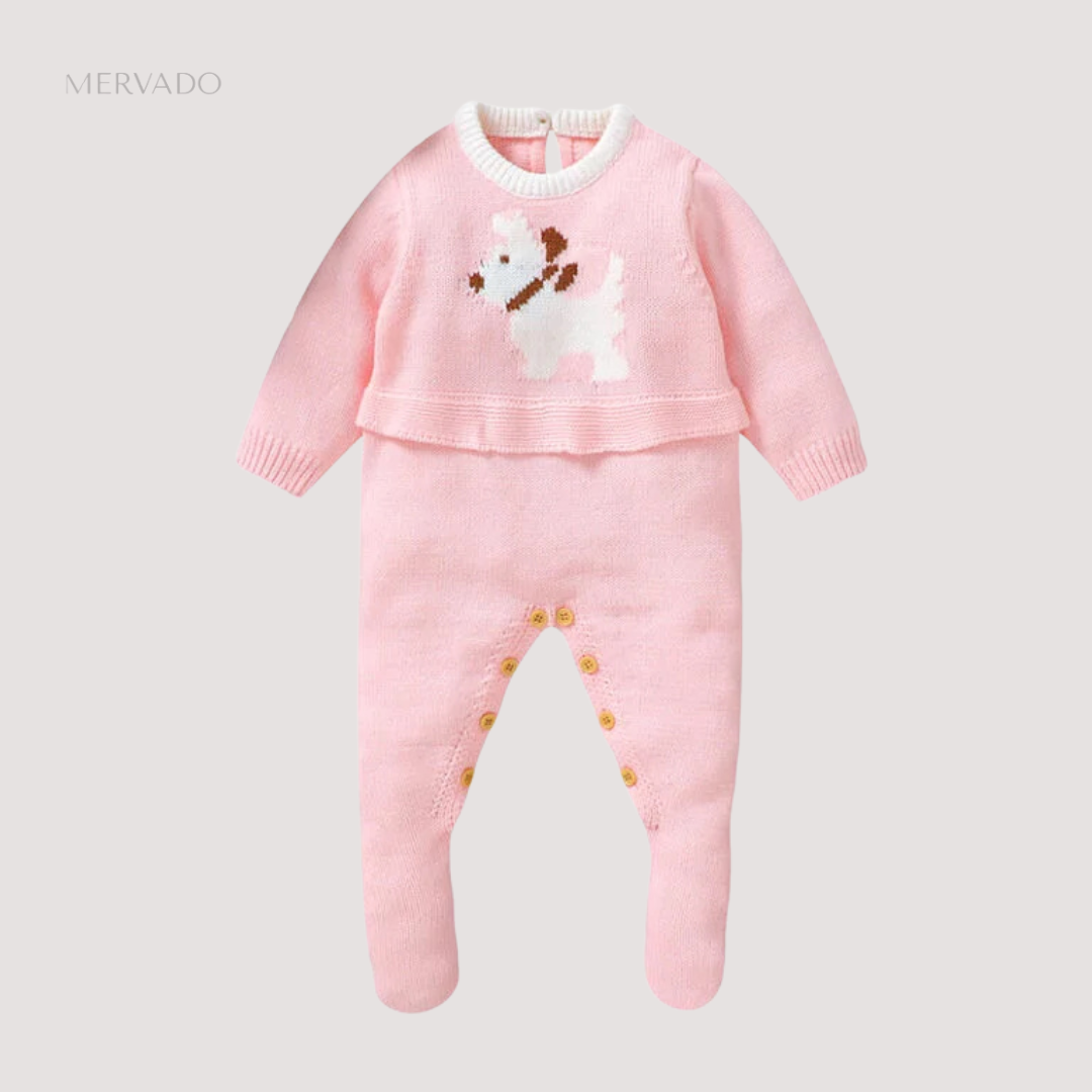 Schattige gebreide babyromper met puppymotief – Zachte jumpsuit in kousstijl voor comfortabel dagelijks gebruik
