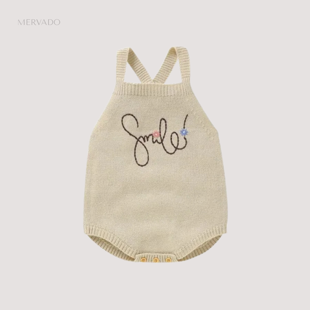 Geborduurde gebreide romper - Mouwloos babyrompertje voor 0-18 maanden