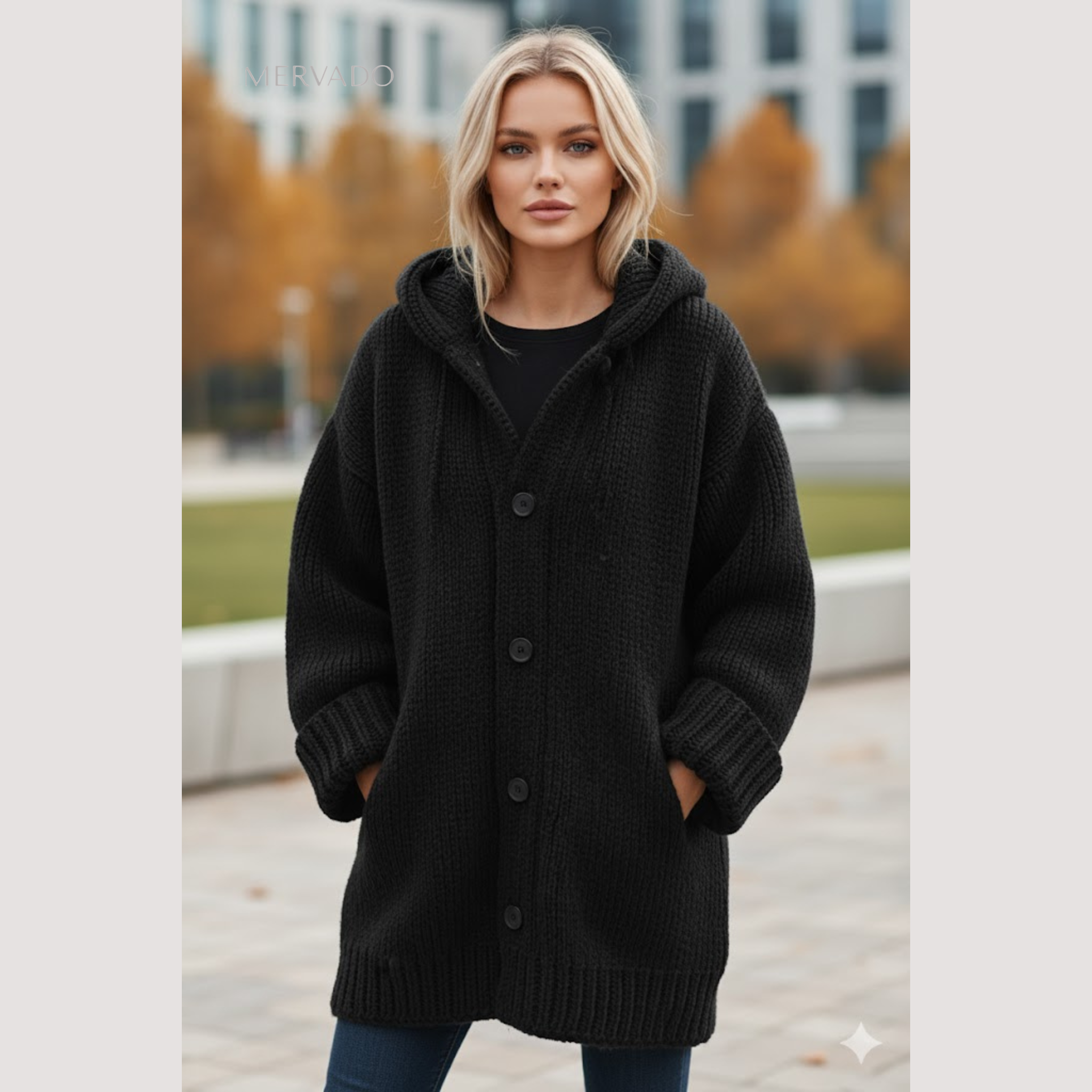 Dames gebreide cardigan met capuchon - warme wintertrui met knoopjes