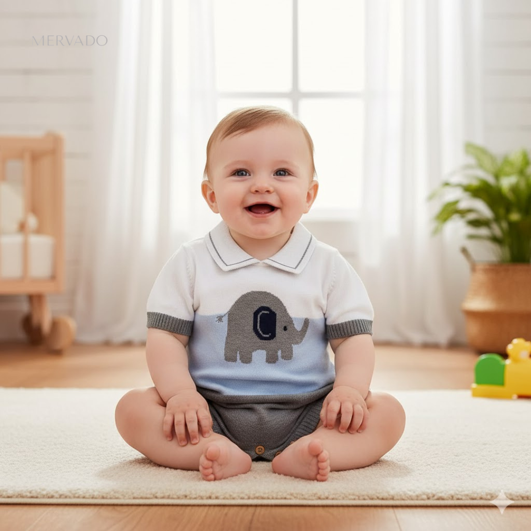 Babyromper met olifantenprint – Zachte katoenen pyjama voor pasgeborenen tot 24 maanden